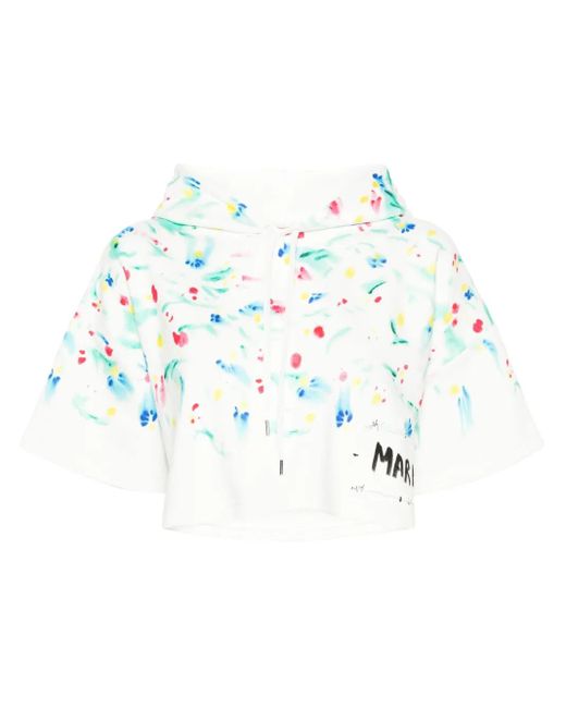 Marni White Floral-Print Cotton Hoodie