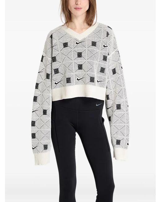 Nike White Geometric-Pattern V-Neck Sweater