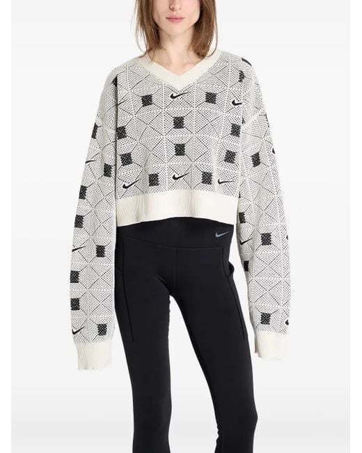Nike White Geometric-Pattern V-Neck Sweater