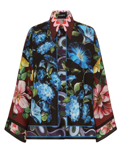 Dolce & Gabbana Blue Oversize-Bluse Aus Seide Blumenprint