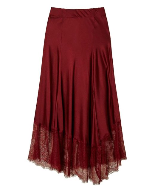 Twinset Red Satin Lace-Trim Midi Skirt