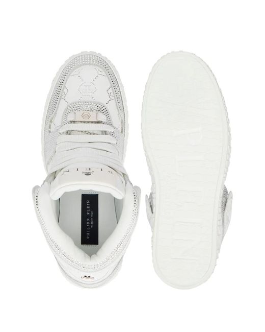 Philipp Plein White High Top Sneakers Carson Monogram Strass