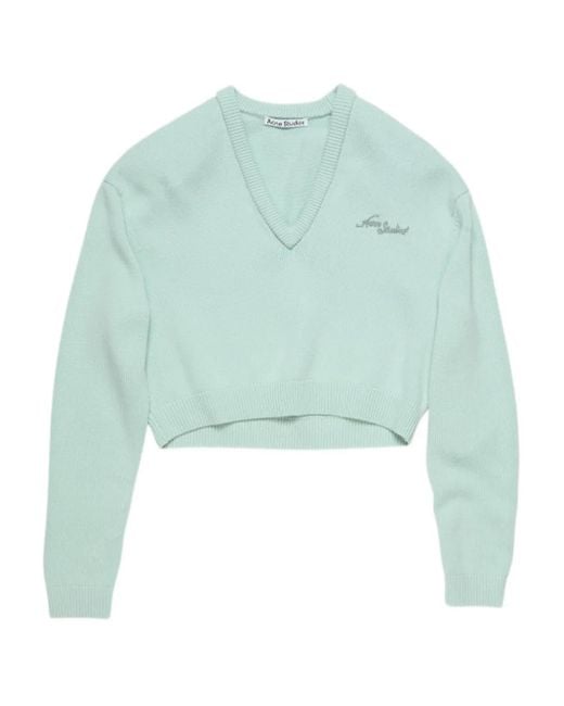 Acne Blue V-Neck Embroidery-Logo Sweatshirt