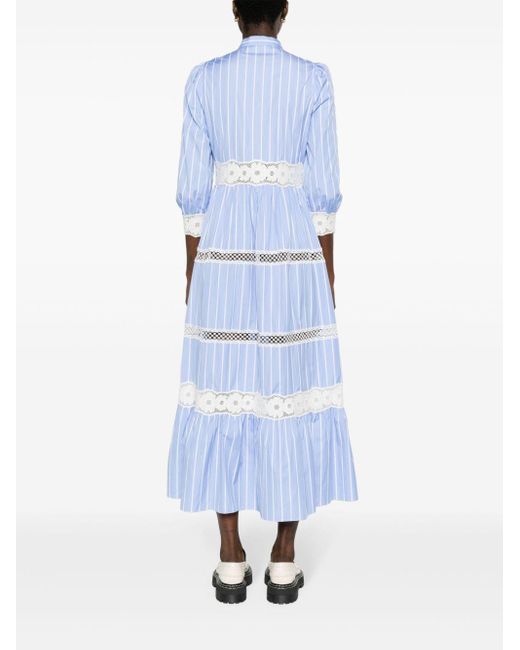 Sandro Blue Lace-embroidered Long-sleeve Striped Cotton Maxi Dress