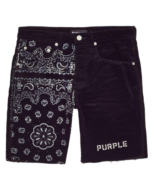 Purple Brand Blue Bandana-print Panelled Corduroy Shorts for men