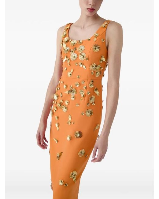Carolina Herrera Orange Floral Embellished Midi Dress