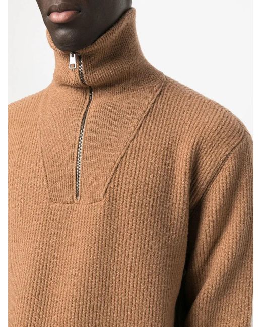 Roberto Collina Brown Half Zip Ribbed Jumper for men