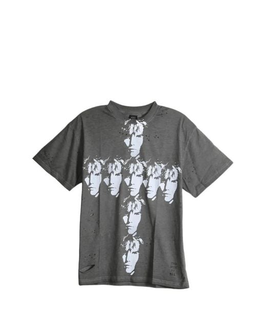 SAITOS Gray Wormhole Distressed Graphic-Print T-Shirt for men