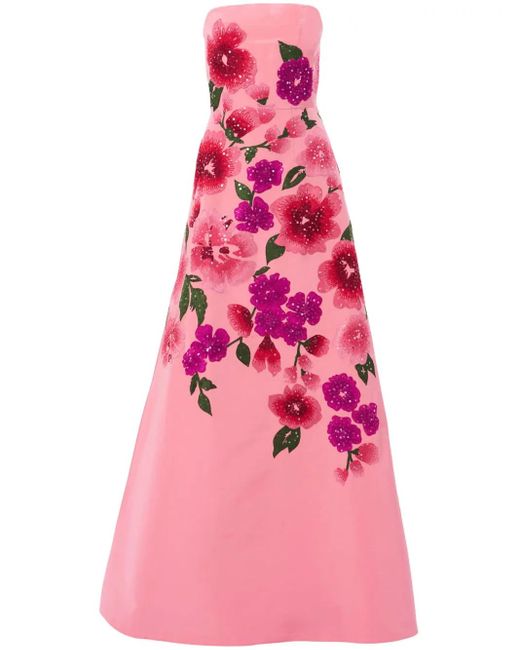 Carolina Herrera Pink Floral-Embroidered A-Line Gown