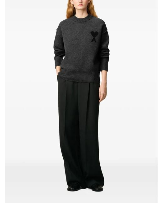 AMI Gray Ami De Coeur Crew-Neck Wool Sweater