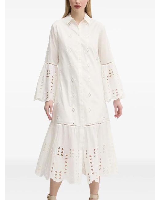 Desigual White Eyelet-Embroidered Bell-Sleeve Midi Dress