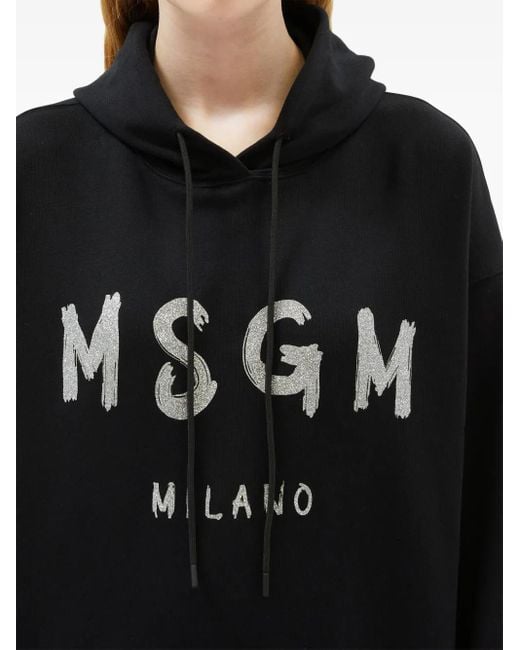 MSGM Black Logo-Print Cotton Hoodie