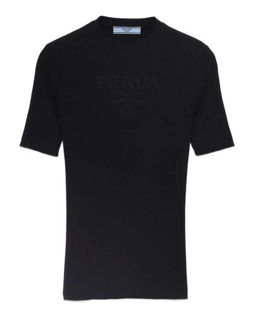 Prada Black Ribbed Cotton T-Shirt