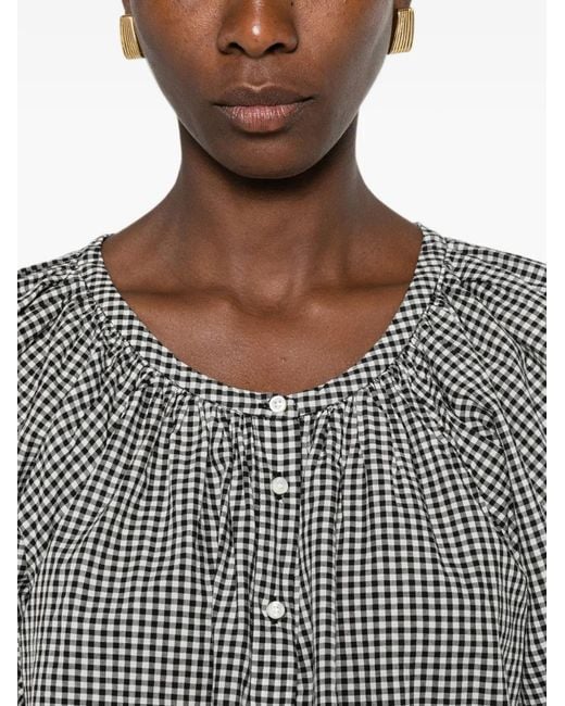 Doen Gray June Gingham-Check Puff-Sleeve Top