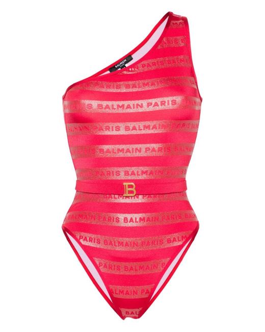 Balmain Pink One-shoulder Logo-print Swimsuit