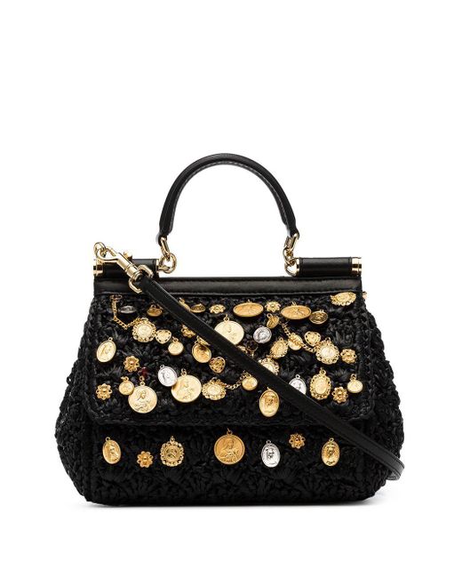 Small Sicily Bag In Raffia Crochet With Applications Dolce & Gabbana de color Black