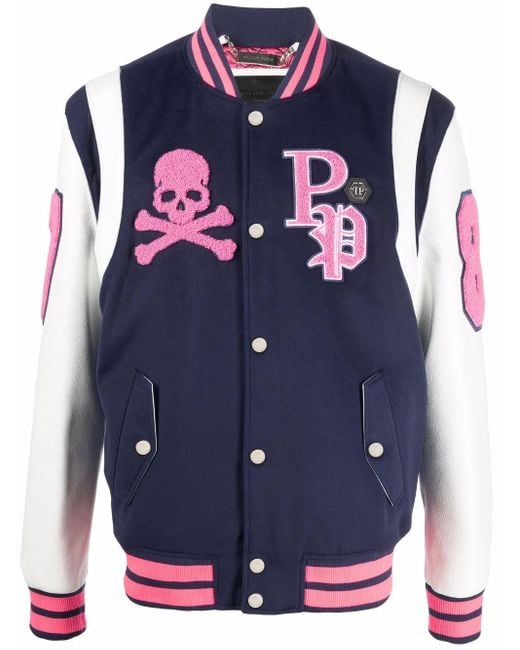 Philipp Plein Blue Embroidered-Logo Varsity Jacket for men