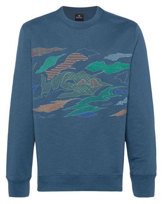 PS by Paul Smith Blue Landscape-embroidered Cotton Sweatshirt for men
