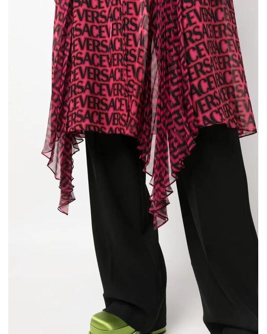 Versace Red Logo-Print Asymmetric-Hem Silk Dress