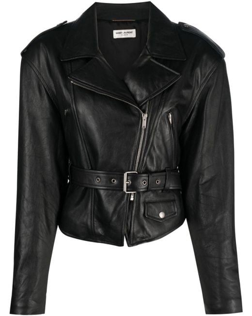 Veste en cuir à taille ceinturée Saint Laurent en coloris Black