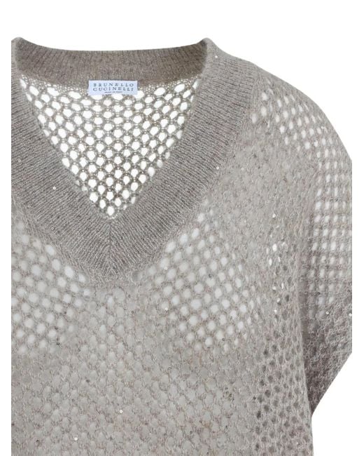 Brunello Cucinelli Gray Mesh V-Neck Sweater