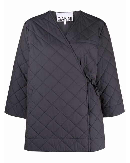 Ganni Gray Oversized Quilted Canvas Wrap Jacket