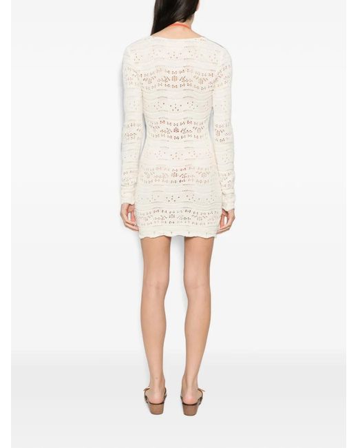 Mc2 Saint Barth White Crochet-Knit Long-Sleeve Dress