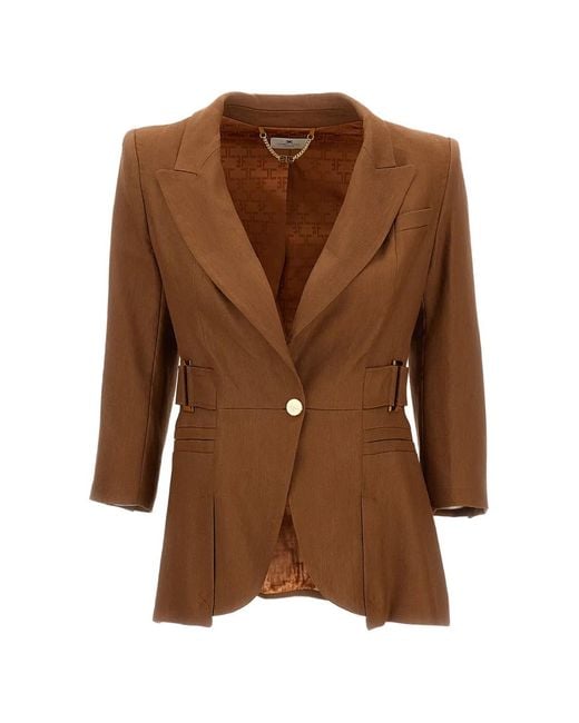 Elisabetta Franchi Brown Padded-Shoulder Blazer