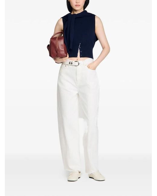Sandro Blue Cropped Striped Wool-Cashmere Sweater