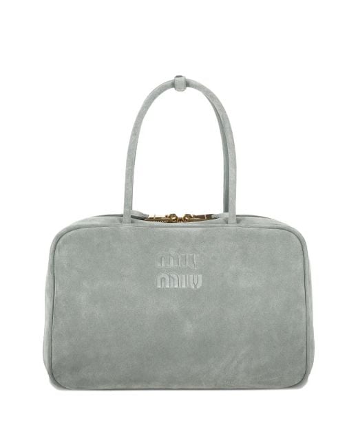 Miu Miu Gray Embossed-Logo Suede Tote Bag