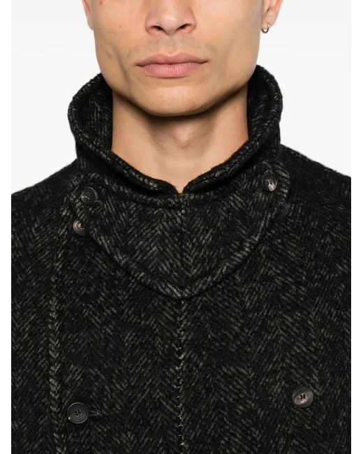Masnada Black Herringbone Double-Breasted Coat for men