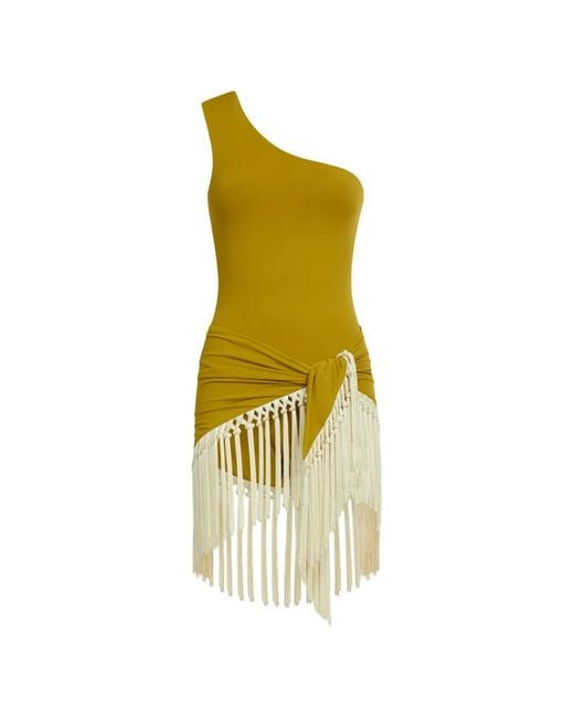 Taller Marmo Yellow Yacare One-Shoulder Fringed Swimsuit