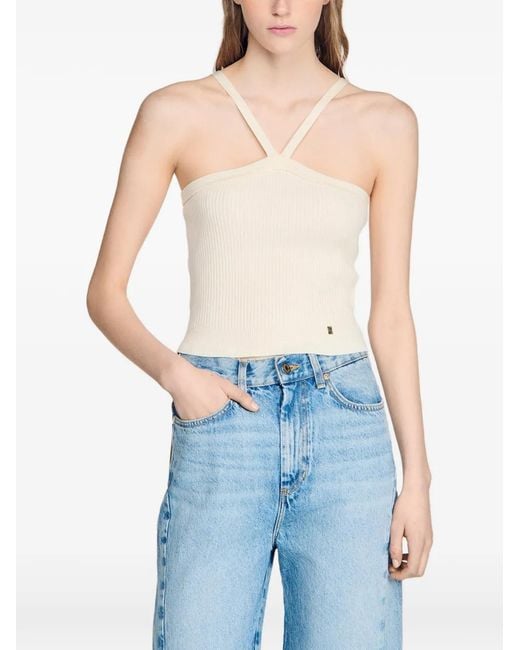 Sandro White Ribbed-Knit Cropped Top