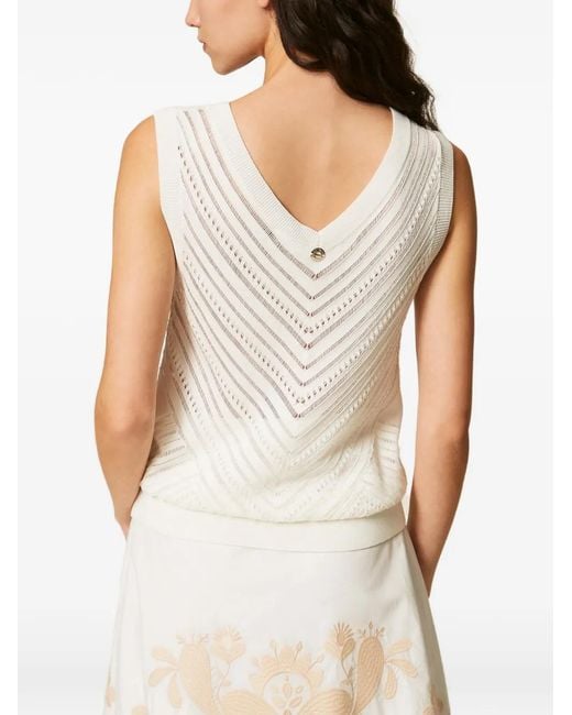 Twinset White Chevron Openwork Knit Top