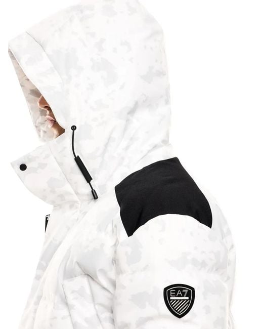 EA7 White Camouflage-Print Hooded Down Jacket for men