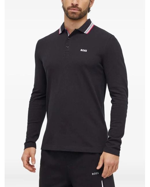 Boss Blue Long-Sleeve Tipped-Collar Polo Shirt for men