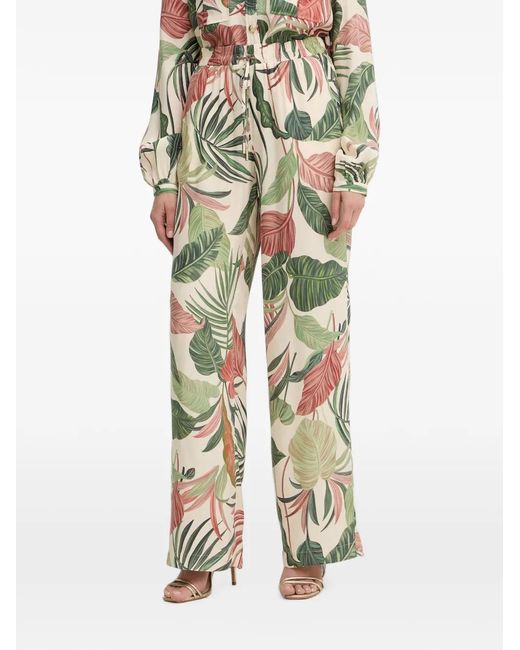 Guess Natural Leaf-Print Wide-Leg Trousers