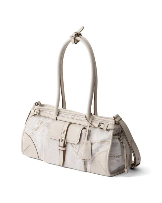 Prada White Bonnie Medium Printed Linen And Leather Handbag