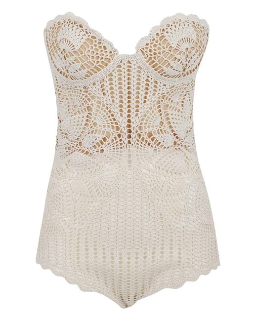 Magda Butrym White Crochet Scalloped Bodysuit