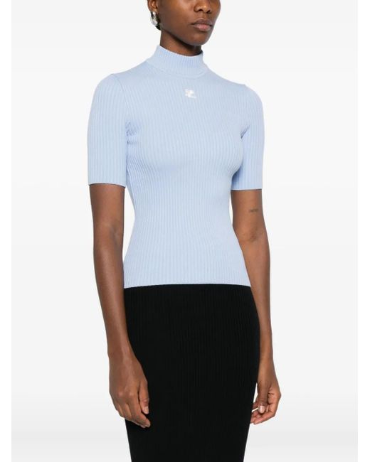 Courreges Blue Ribbed High-Neck Top