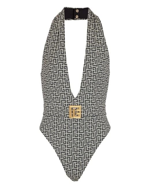 Balmain Black Pb Labyrinth-Print Swimsuit