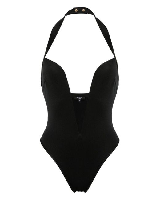 Balmain Black Neckholder-Badeanzug mit tiefem Ausschnitt