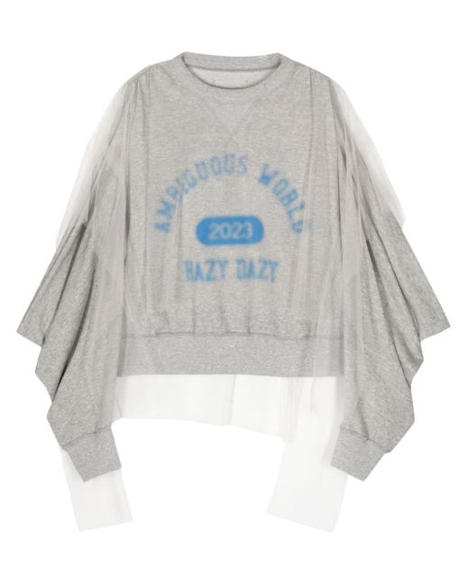 Undercover White Graphic-print Tulle-layered Sweatshirt