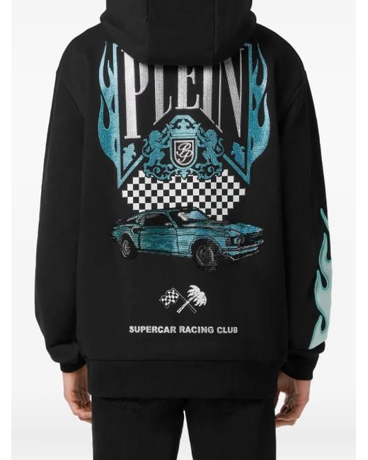 Philipp Plein Black Hoodie Sweatshirt Ls Strass Flame Racing for men