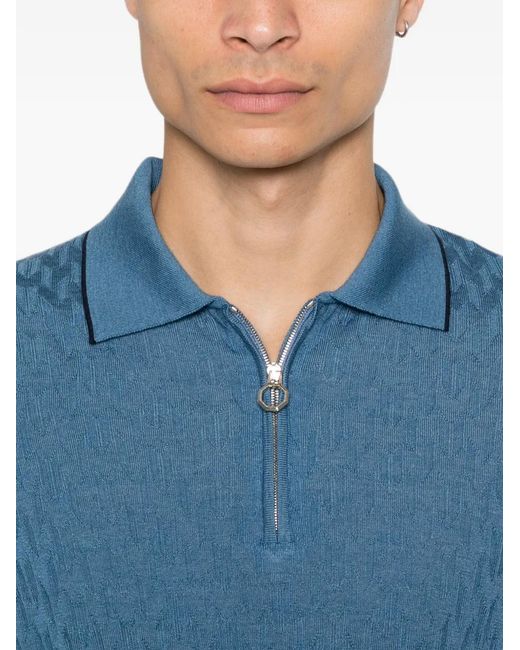 Stefano Ricci Blue Geometric-Pattern Zip-Fastening Polo Shirt for men