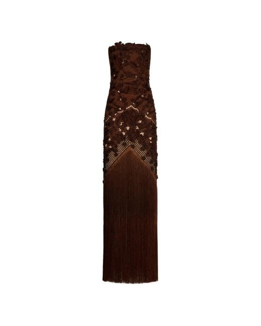 Oscar de la Renta Brown Strapless Fringes Maxi Dress