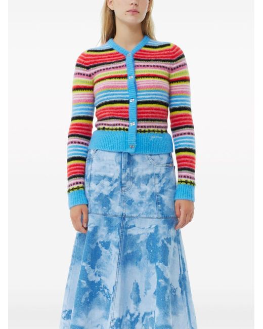 Soft Wool Stripe Cardigan Ganni en coloris Blue