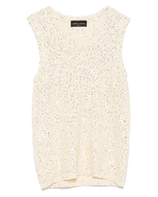 Roberto Collina Natural Sequin-Embellished Top