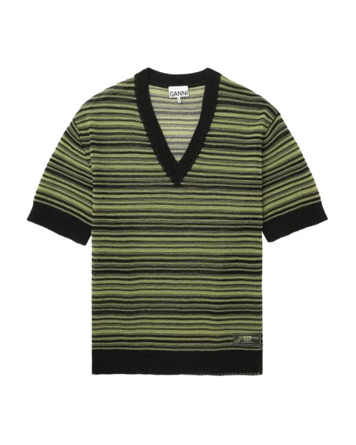Ganni Green Striped V-Neck T-Shirt