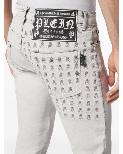 Philipp Plein White Skull-Stamp Washed Skinny Jeans for men